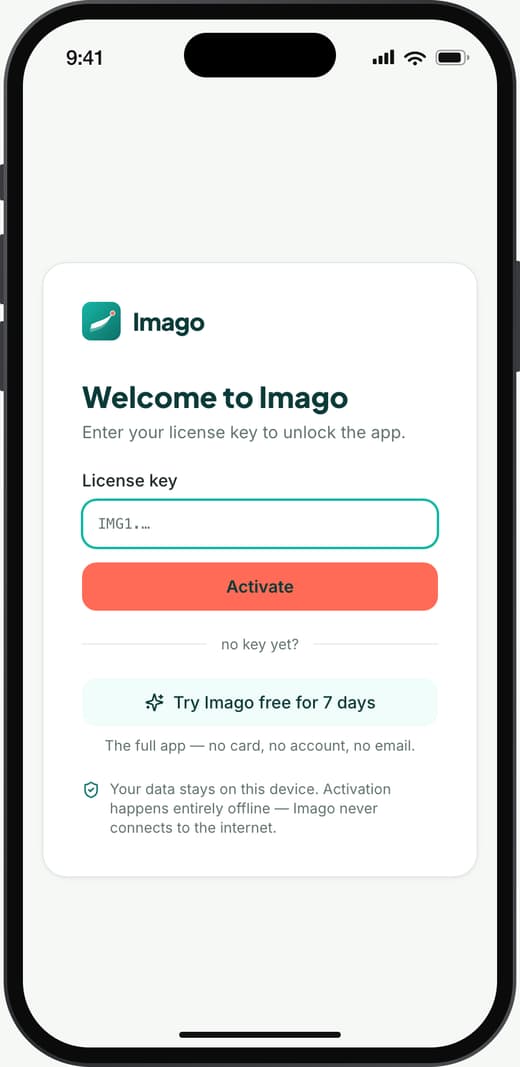 The Imago activation screen with a license key field, an Activate button and a free trial option