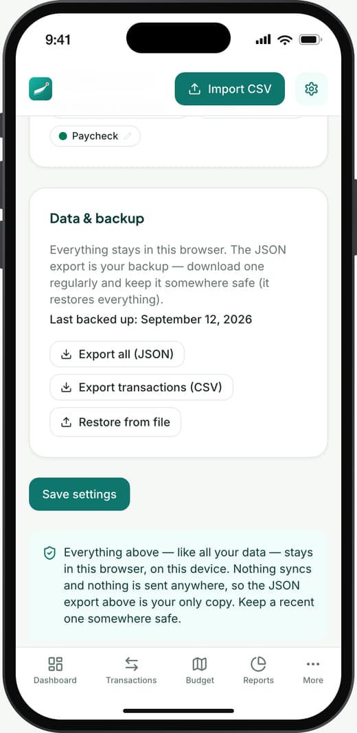 The Data and backup section of Imago settings, with Export all, Export transactions and Restore from file buttons