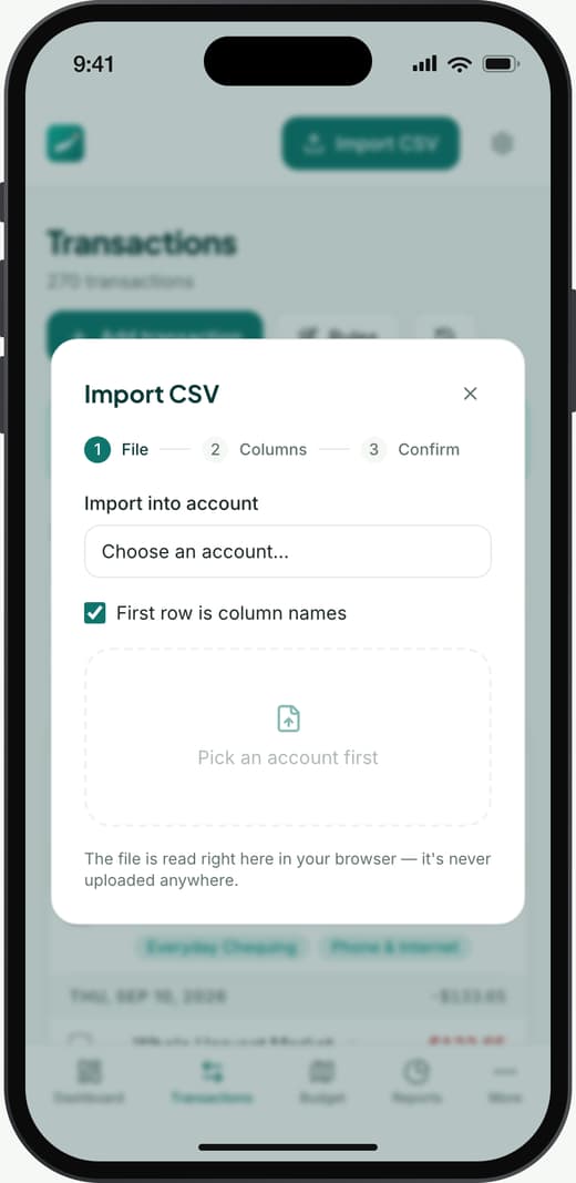 The Import CSV screen in Imago, step one of three, asking which account to import into