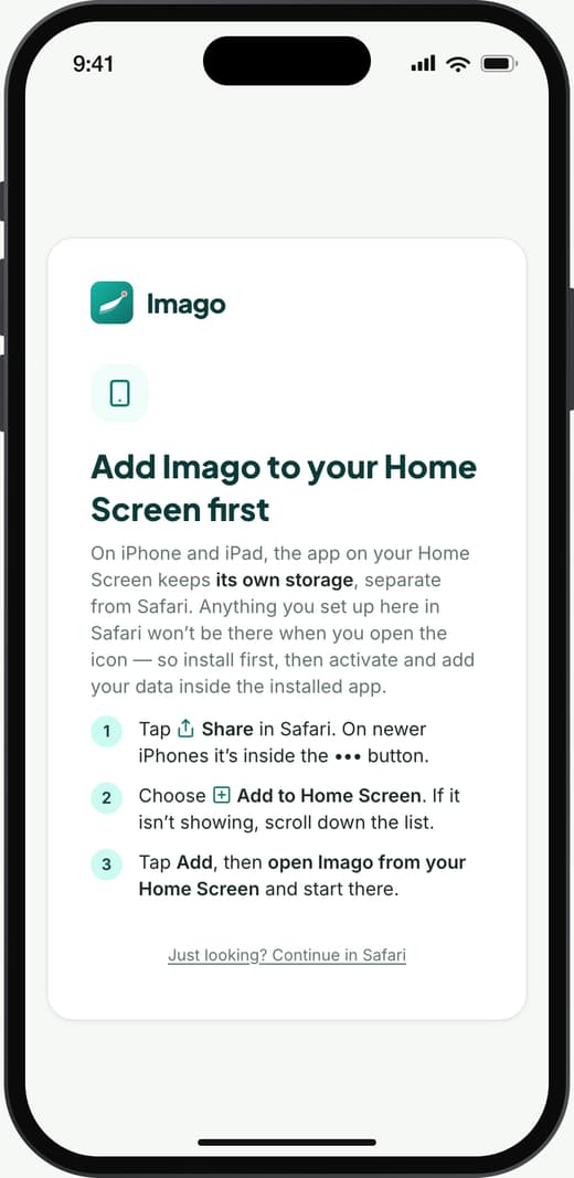 Imago on an iPhone in Safari, asking the user to add it to the Home Screen before setting it up