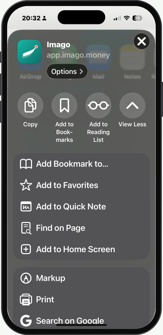 The Safari share sheet expanded, showing Add to Home Screen