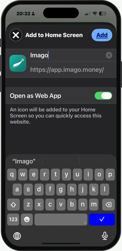 The Add to Home Screen sheet for Imago with Open as Web App switched on